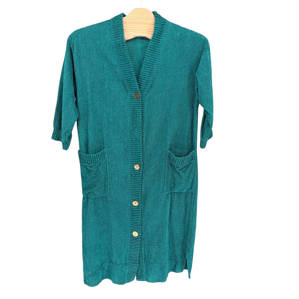 Tuftees Cardigan Robe OS Teal Green Vintage Chenille Gold Crest Buttons USA